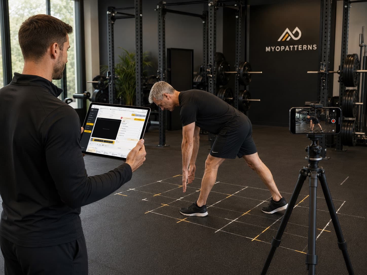 A strength coach reviewing a movement screen while a client performs a movement assessment in a MyoPatterns training space.