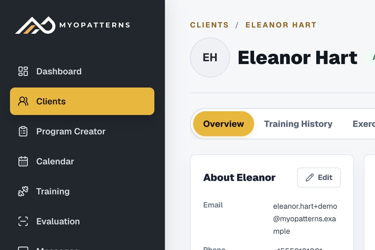 MyoPatterns client profile for Eleanor Hart with training and evaluation information.