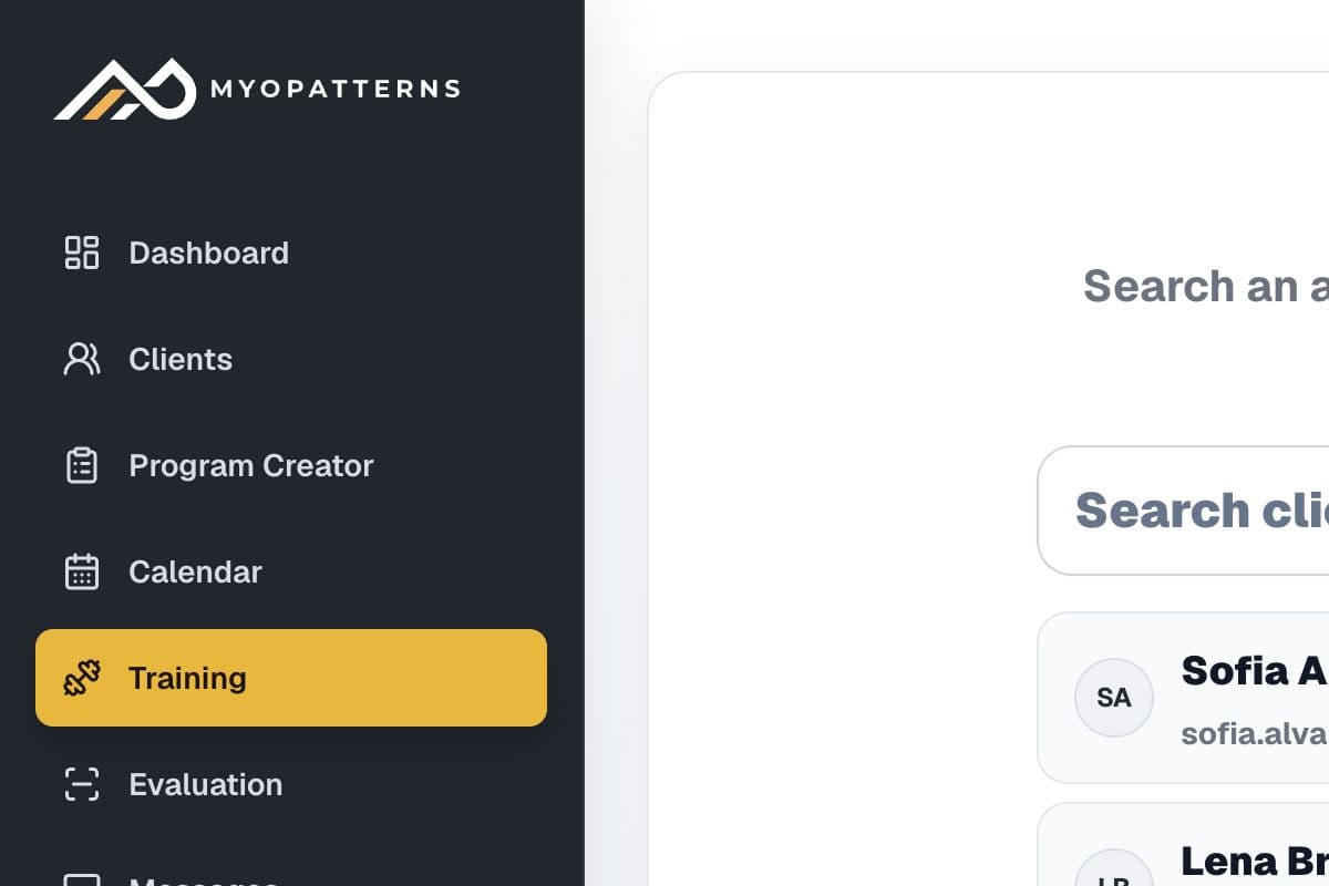 MyoPatterns Training workspace with a searchable client list for live sessions.